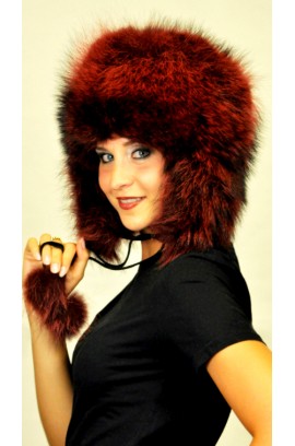 Red-cherry raccoon fur hat Ushanka